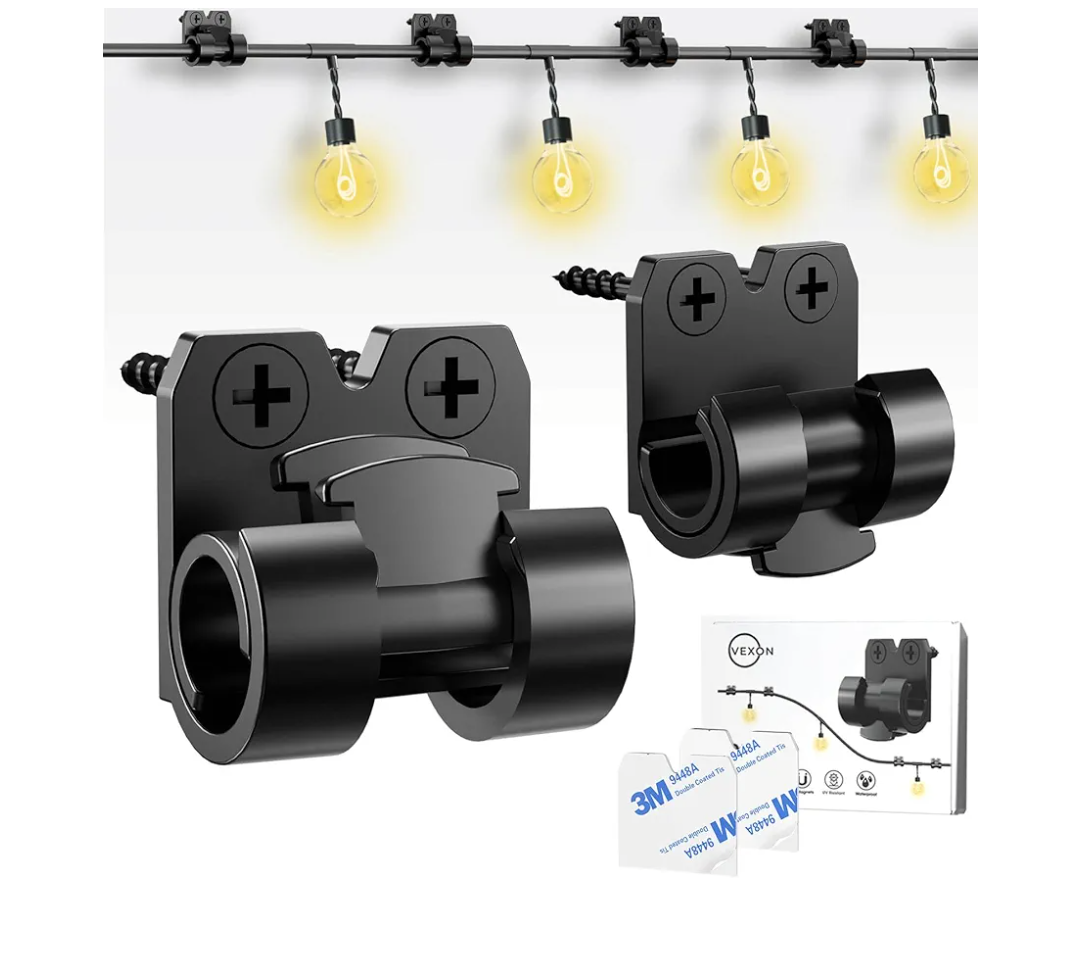 VEXON Hooks for Outdoor String Lights Clips: 25pcs Christmas Light Clips with Waterproof Adhesive for Hanging Balcony Lights - Outside Black String Light Hooks - Decor Garland Hanger - Cable Holders