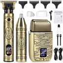 Electric Foil Shaver for Men, T-Blade Beard Trimmer Razor Nose Hair Trimmer Set, Cordless Rechargeable Beard Trimmers Professional Hair Clippers Kit with LCD, Gifts for Men Him Dad Fathers Day (Gold)