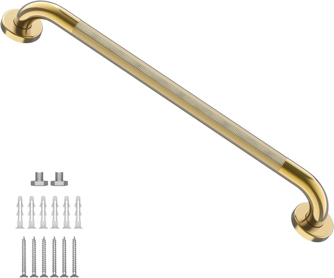 Gold Shower Grab Bar w/Anti-Slip Knurled Grip 32 Inch, Zepolu Wall Mounted Stainless Steel Bath Grab Bar,Safety Balanced Handrail, Handicap Injury Elderly Senior Assist Support Textured Handle