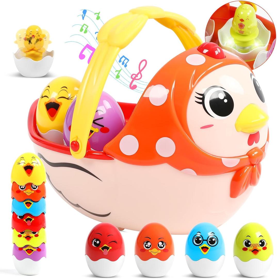 Easter Basket Easter Eggs Music Toys for Kids Month 18+, Plastic Easter Eggs Easter Basket Stuffers for Toddler, Moving Hen Filled with 6 Eggs Party Favors for Easter Hunt