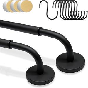 2 Pack Magnetic Curtain Rod for Metal Door, Adjustable 16 to 30 Inch, 1/2 Inch Diameter, French Door Magnetic Curtain Rods with Hooks (Black)