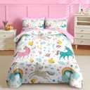 Nesker 7 Pcs Comforter Set Full Size, Cute Colorful Unicorns Bedding Set for Kids Teen, Cloud Rainbow with Fitted Sheet 2 Pillowcases & 2 Shams for Bedroom Bed Decor