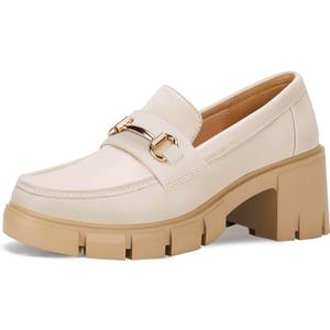 Coutgo Womens Chunky Platform Lug Sole Loafers Mid Heel Square Toe Dress Walking Work Shoes with Buckle Chain (6, Beige)