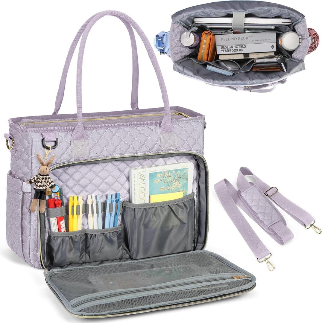 RAINSMORE Teacher Tote Bag 15.6 inch Laptop Bag for Women Work Bags Laptop Tote Nurse Bag Professional Computer Messenger with Insulated Pocket, Laptop Briefcase for Office, College, Gray Lilac