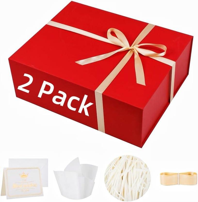 UoeRing 2 Pack Extra Large Red Gift Box 20x16x7 inch Luxury Gift Box for Presents with Magnetic Closure Lid Collapsible,Birthday,Christmas,Contains Card, Ribbon,Tissue Paper,Shredded Paper Filler