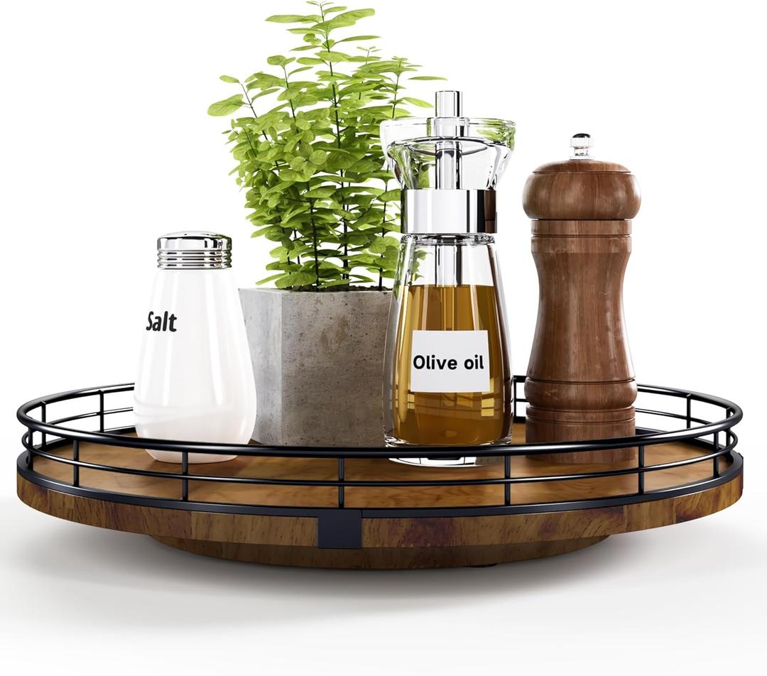 Farmhouse Oak 12" Lazy Susan Turntable Organizer for Cabinet, Round Wooden Lazy Susan Organization and Storage for Dining Table, Pantry, Kitchen, Countertop, Cupboard,Home Decor, Walnut Wood (12, Walnut)