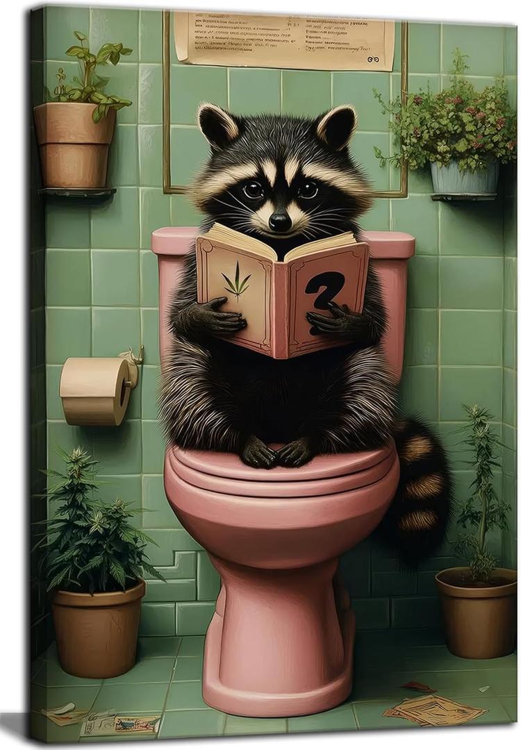 Funny Raccoon Bathroom Canvas Wall Art Picture Humorous Animal Poster Prints Raccoon Sitting On The Toilet Reading Book Painting Wall Decor for Washroom Restroom 16x24in Framed Ready To Hang