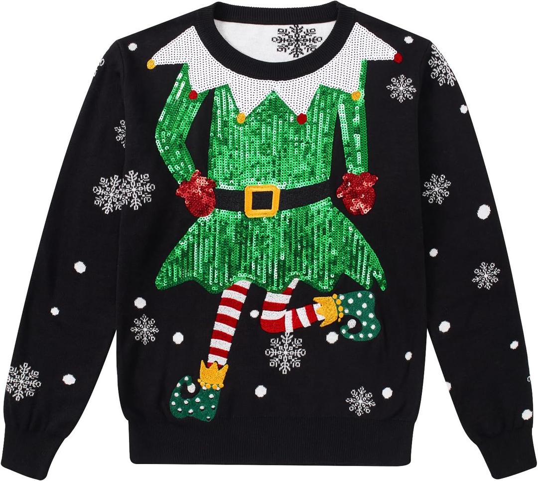 westwolf 5-14 Years Girl Sequin Ugly Christmas Knitted Sweaters for Kids (11-12 Years, F-green Black Red)