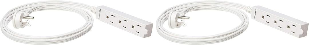 Amazon Basics 3-Prong Indoor Rectangle Extension Cord Power Strip, Flat Plug, Space-Saving, Grounded, 13 Amps, 1625 Watts, 125 VAC, 6 ft, White, 2-Pack