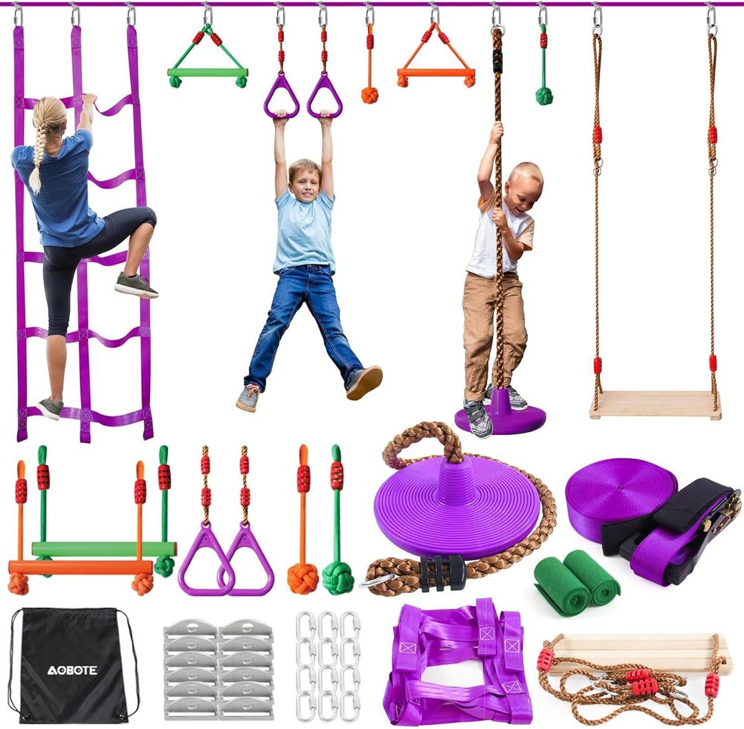 AOBOTE Ninja Warrior Obstacle Course for Kids-Slackline 52ft with 9 Accessries,Awing Seat,Climbing Net,Monkey Bar -Obstacle Course Outdoor-Playset Equipment for Girls & Boys (Purple)