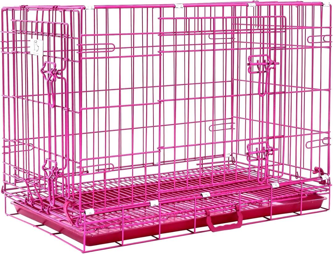 HOMEY PET 30 Inch Pink Dog Crate, Cute Dog Cage Medium Sized Collapsible Small Dog Kennel Indoor Nano-Coated Metal Wire Dog Crate with Removable Floor Grid Tray, Double Doors Dual Locks, Handle