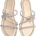 OYOANGLE Women's Butterfly Rhinestone Shiny Slide Sandals Strappy Slip on Flat Sandals Dressy Casual Sliders 39