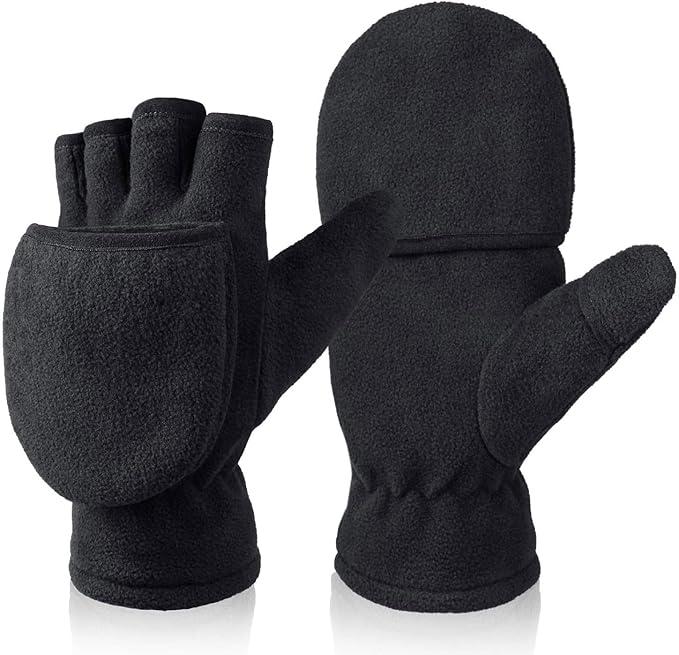 Winter Convertible Gloves Flip Top Mittens Warm Polar Fleece for Winter Running Texting Photographing for Men Women, S