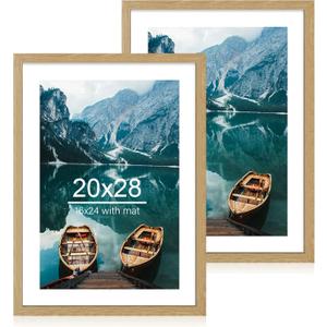 20x28 Picture Frame Set of 2, Natural Oak Wood Style - Display 16x24 Picture with Mat or 20 x 28 Poster without Mat, Wall Mounting Horizontal and Vertical
