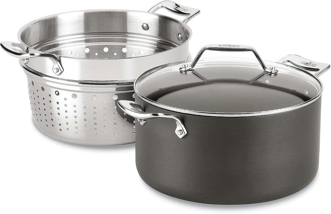 All-Clad Essentials Hard Anodized Nonstick Multi-Pot 7 Quart Oven Broiler Safe 500F Strainer, Pasta Strainer with Handle, Pots and Pans Black