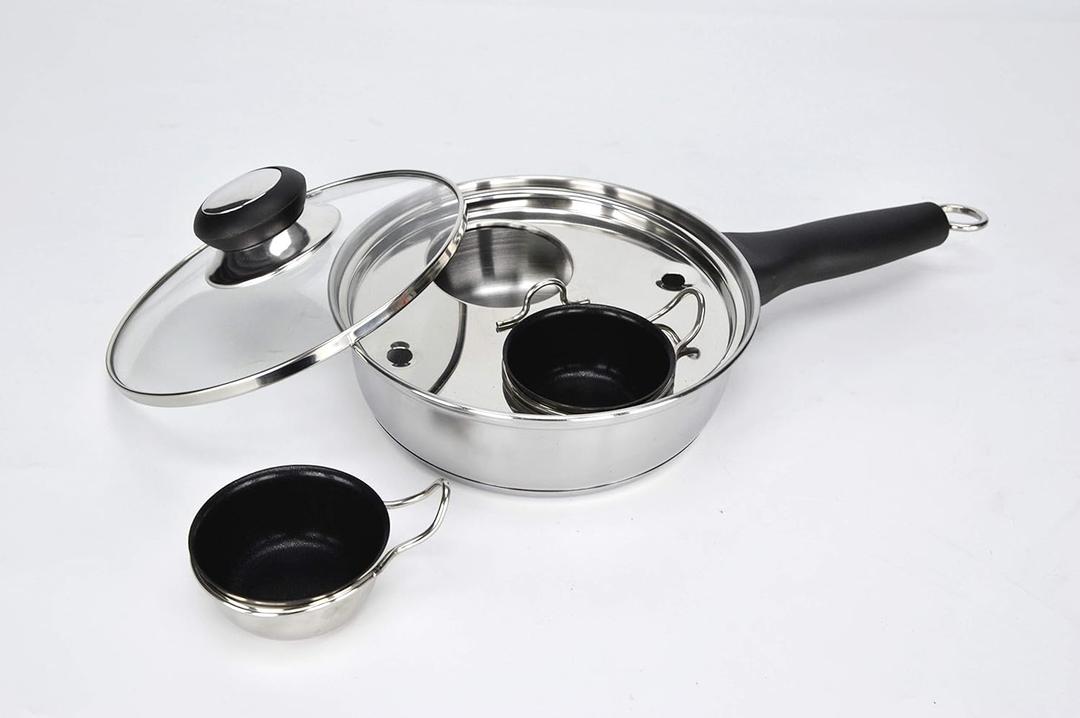2 Cups Egg Poacher Pan - Stainless Steel Poached Egg Cooker  Perfect Poached Egg Maker  Induction Cooktop Egg Poachers Cookware Set with 2 Nonstick Large PFOA FREE Egg Poacher Cups