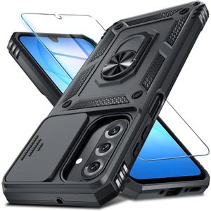 Janmitta Compatible with Samsung Galaxy A17 5G Case Built in Slide Camera Lens Cover+Screen Protector+Finger Ring Holder Kickstand,Heavy Duty Shockproof Full Body Phone Cover,Black