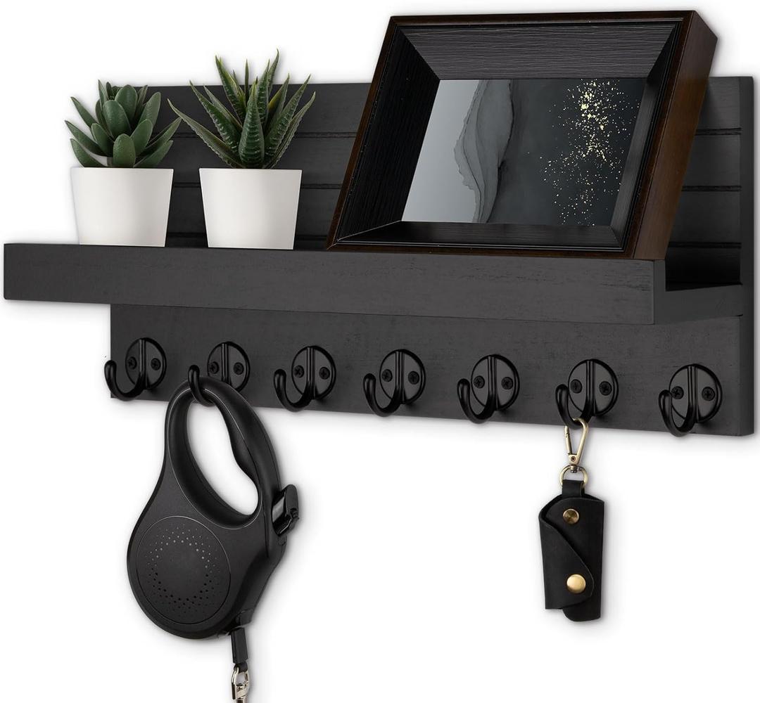Lwenki Key Holder Wall Mount, Entryway Key and Mail Holder with 7 Sturdy Hooks for Sunglasses, Dog Leash, Decorative Wall Shelf with Mounting Hardware, 15”W x 6.7”H x 4.2”D