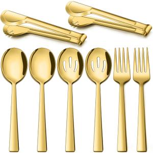 LIANYU Gold Serving Utensils Set of 8, Stainless Steel Serving Spoons, Slotted Spoons, Serving Forks, Metal Tongs for Kitchen Buffet Party Banquet Entertaining, Mirror Finished, Dishwasher Safe
