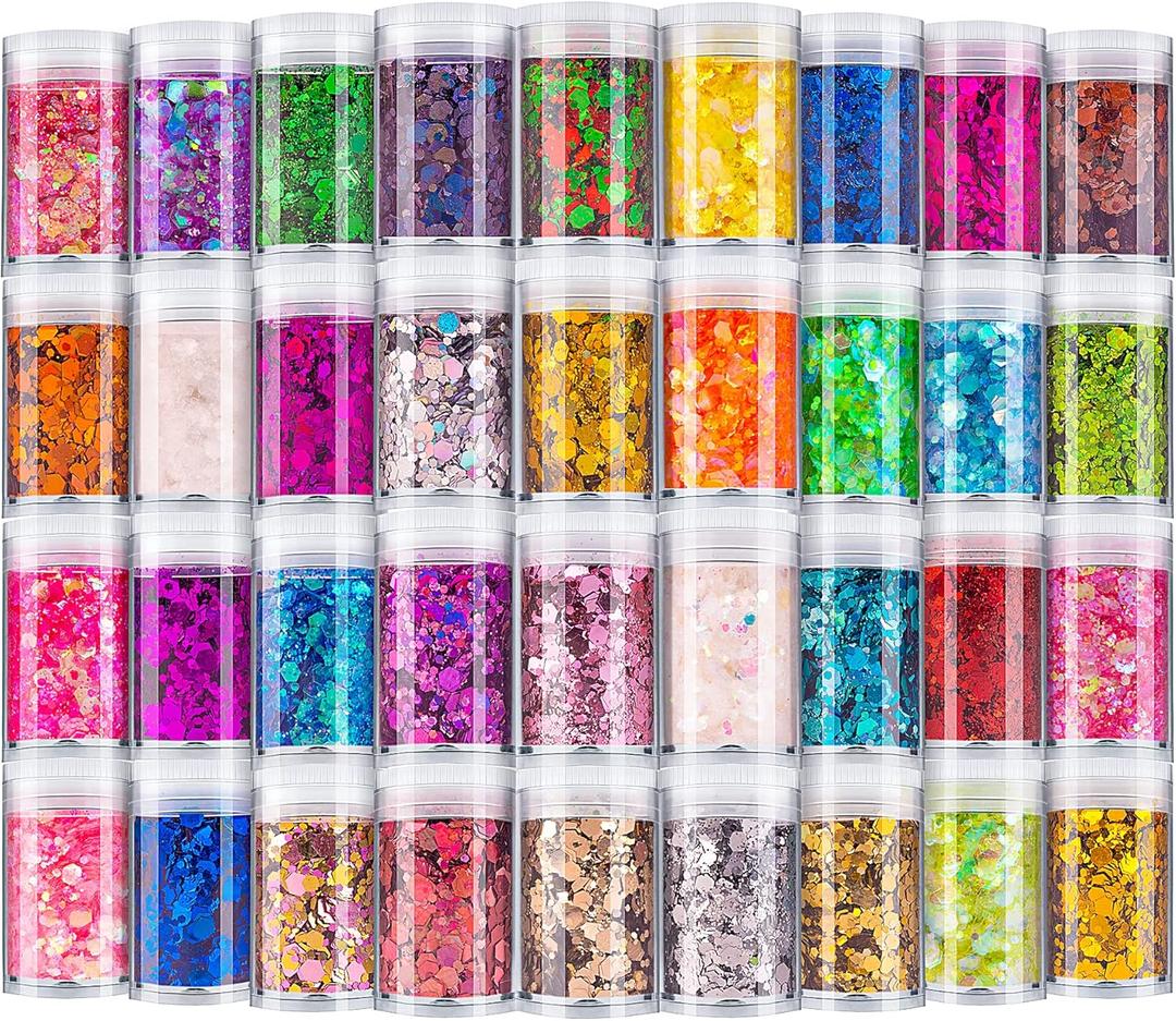 Holographic Chunky Glitter, Set of 36 Colors Craft Glitter Sparkle Sequins, Cosmetic Glitter Flake for Epoxy Resin, Body, Face, Eye, Nail Arts, Slime Making, Wedding Festival Party Decoration