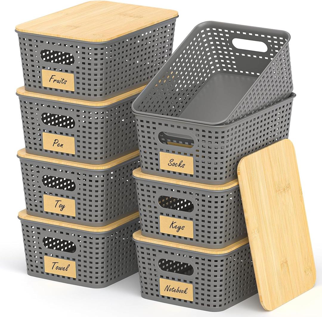 Stackable Storage Basket: Plastic Baskets Bins, Baskets for Organizing, Pantry Decorative Containers for Closets, Cabinets, Shelves (8 Pack, Grey)