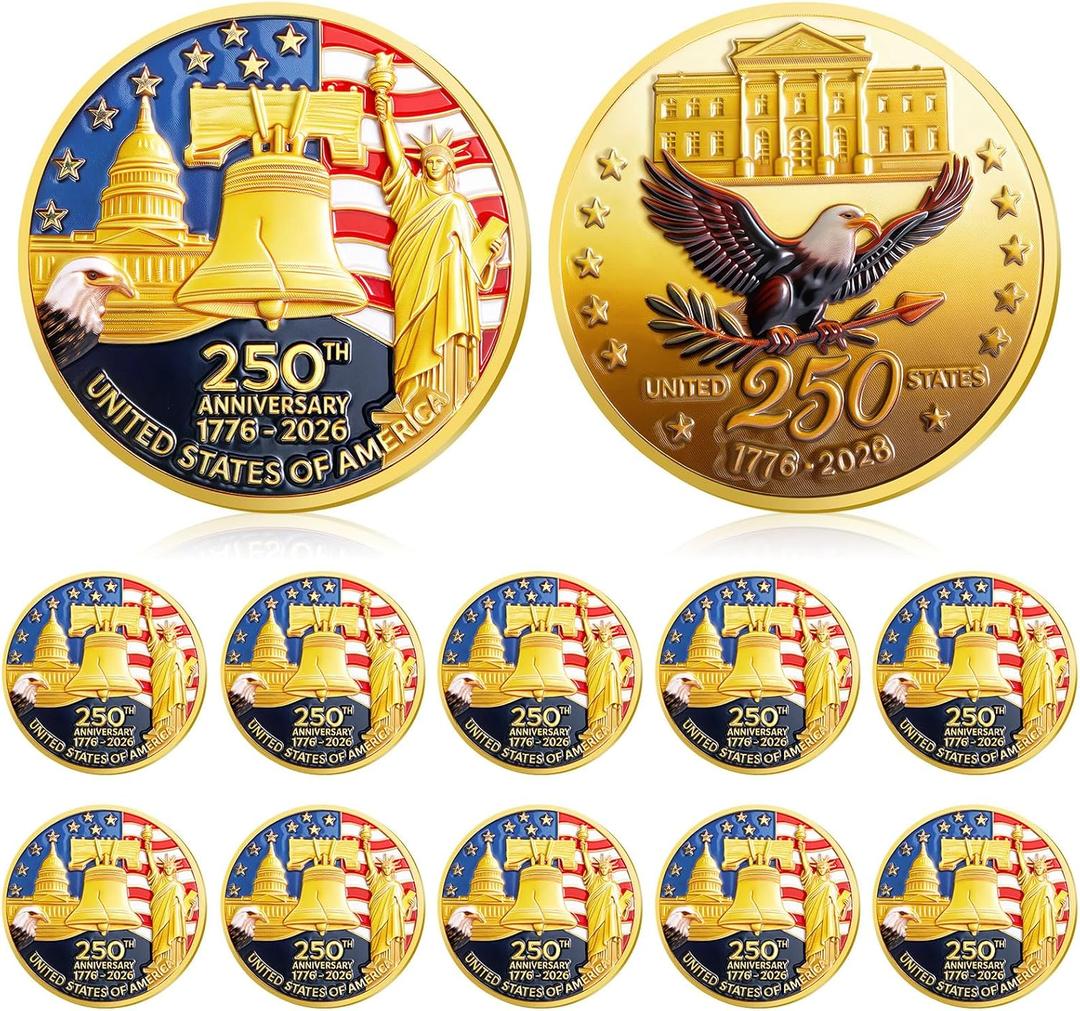 Highergo 250th Anniversary Commemorative Coins USA Eagle and Patriotic Symbols Collectible 250 Year Merchandise for Celebration Display Collectors Challenge Coin Gift(10 Pcs,Style 1)