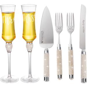 Wedding Cake Knife and Server Set, 6 Pieces Mr and Mrs Champagne Flutes Glasses and Cake Cutting Set for Wedding, Bridal Shower Gifts, Engagement Gifts for Couples (Silver rhinestone)