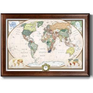 Renditions Gallery Colorful World Map Canvas Wall Art with Walnut Frame Wall Hanging Travel Map with Push Pins for Home, Office, Classroom