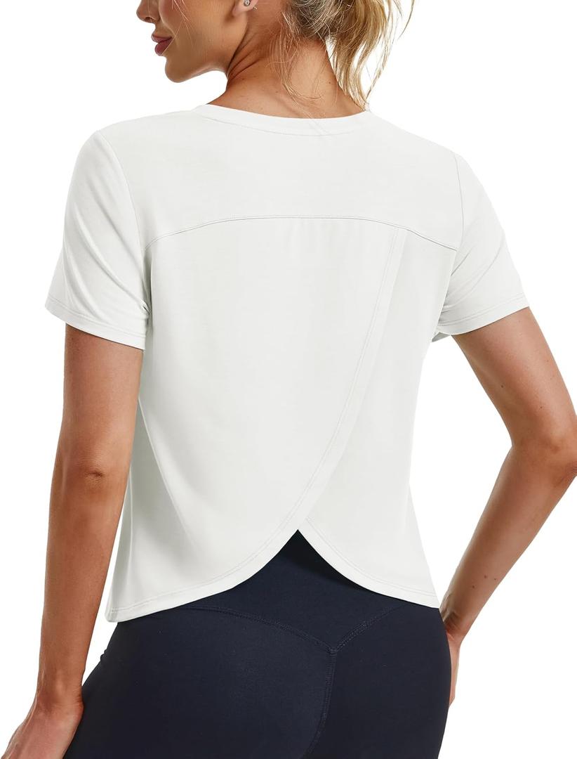 MAGCOMSEN Women's Cropped Workout Tops Short Sleeve Split Back Quick Dry Athletic Shirts Breathable for Running Yoga (White, S)