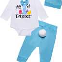 Yruiz Baby Boy My First Easter Outfit Set Infant Long Sleeve Bow-tie Romper Bunny Pants with Hat (3-6 Months, Blue)