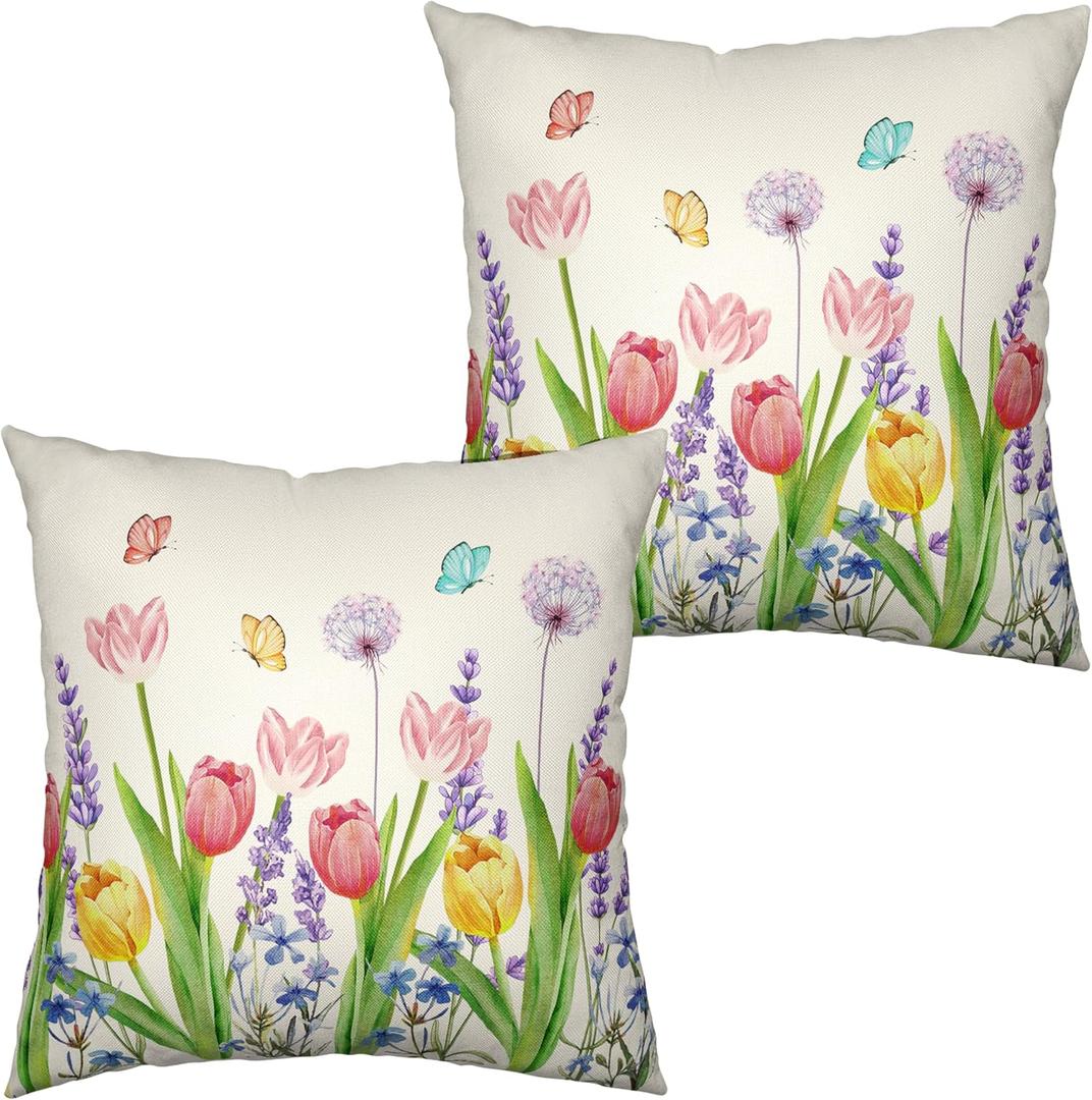 Set of 2 Tulip Floral Summer Throw Pillow Covers Purple Lavender Dandelion Decorative Pillow Case 22X22 Flowers and Butterflies Pillowcase for Indoor Outdoor Home Decor
