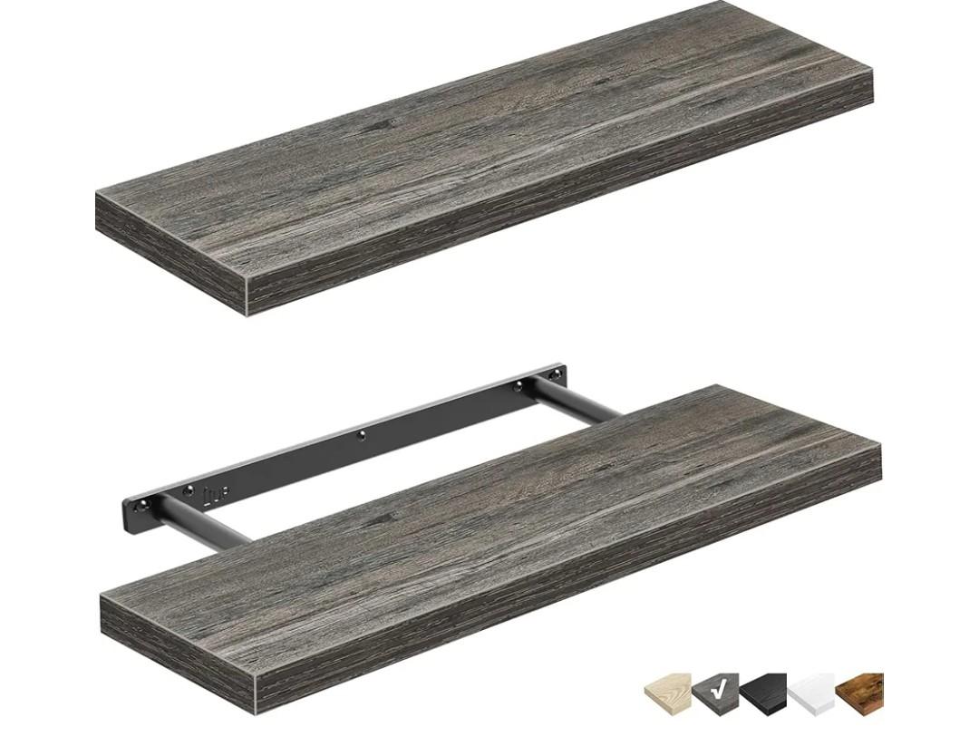 QEEIG Floating Shelves for Wall 23.6" Long - Wall Mounted Shelf Bathroom Kitchen Living Room Bedroom Farmhouse Home Decor Display Bookshelf Large 23.6 x 9.3 inch Set of 2, Grey (008-60GY)