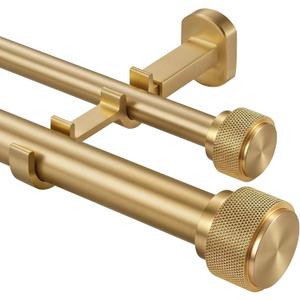 1-1/8 inch Double Curtain Rod - Premium Nonadjustable 144in/12ft Drapery Rods - Heavy Duty Dual Curtain Rods for Windows - Aluminum Finials & Adjustable Concealed Mounting Bracket - Brushed Gold