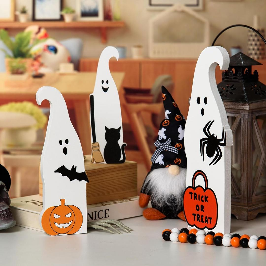 2 x MoDooris 3PCS Halloween Wooden Ghost Decor Signs Set - Tiered Tray Decor for Farmhouse Home Desk Shelf Mantel
