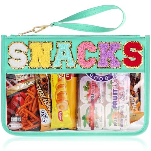Snack Bag for Travel - Clear Chenille Varsity Letter Flat Pouch with Zipper, Waterproof Clear PVC&PU Preppy Patch Makeup Cosmetic tote Bags for Women (Green-Snacks)