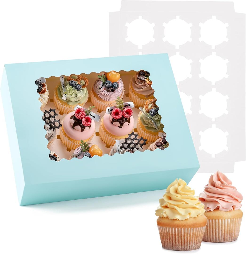 Hoewina 6PCS Cupcake Boxes - Hold 12 Count Cupcake Containers with Window, Food Grade Cupcake Holder Easy Transport and Presentation - Ideal for Cupcakes, Desserts, and More (Baby Blue)