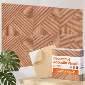 XL Acoustic Wall Panels 6-Pack Decorative Acoustic Panels High Density Sound Absorbing Wall Art 70.86X47.24 Inches with Self-adhesive for Studio Home and Office - Teak Wood Finish