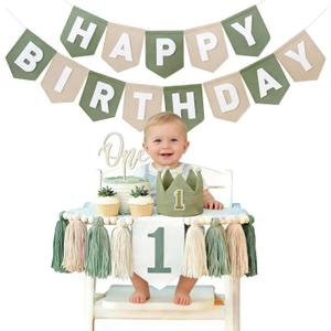 Sage Green 1st Birthday High Chair Decorations- First Birthday Banner Wild One Highchair banner 1st birthday boy with Tassels, Crown & One Cake Topper, Boho 1st Birthday Party Supplies photo props