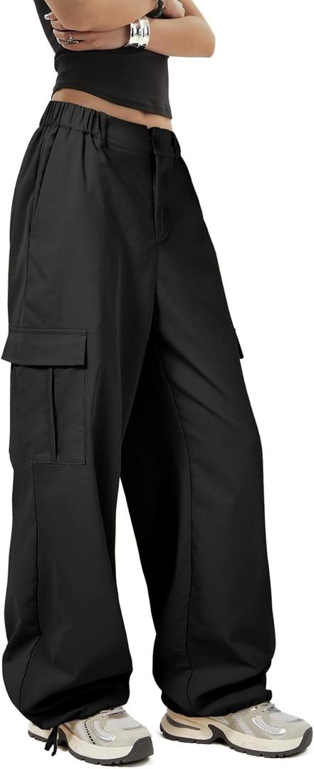 Zando Women's Cargo Pants Baggy Parachute Pants Joggers Y2k Trendy Stretchy High Waist Wide Leg Trousers with Pockets (Large, Black)