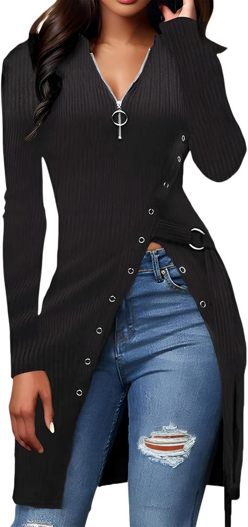 Women's Sexy Side Split Ribbed Long Sleeve Tops Zip Up V Neck Asymmetrical Hem Longline Tunic Blouses Tops (3X-Large, 11578black)