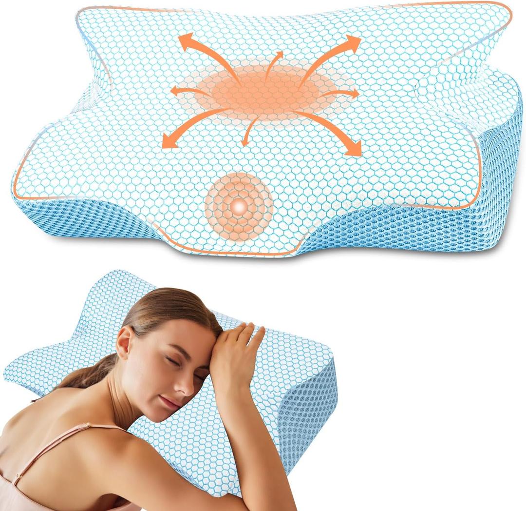 Anvo Cervical Pillow for Neck Pain Relief, Neck Pillows for Pain Relief Sleeping, Memory Foam Firm for Back and Shoulder Pain, Ergonomic Design for Side Back Stomach Sleeper, Queen Size Blue