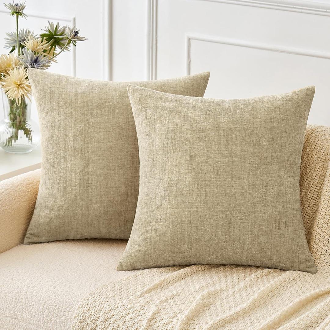 MIULEE Pack of 2 Beige Throw Pillow Covers 18x18 Inch Soft Chenille Pillow Covers for Sofa Living Room Couch Solid Dyed Cases Not Pillow Inserts (18" x 18" (Pack of 2))