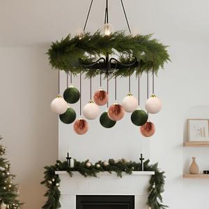 15 Pcs Christmas Chandelier Garland Decorations Including 6FT Artificial Cedar Garlands Velvet Balls DIY Christmas Hanging Garland for Living Dining Room Decor