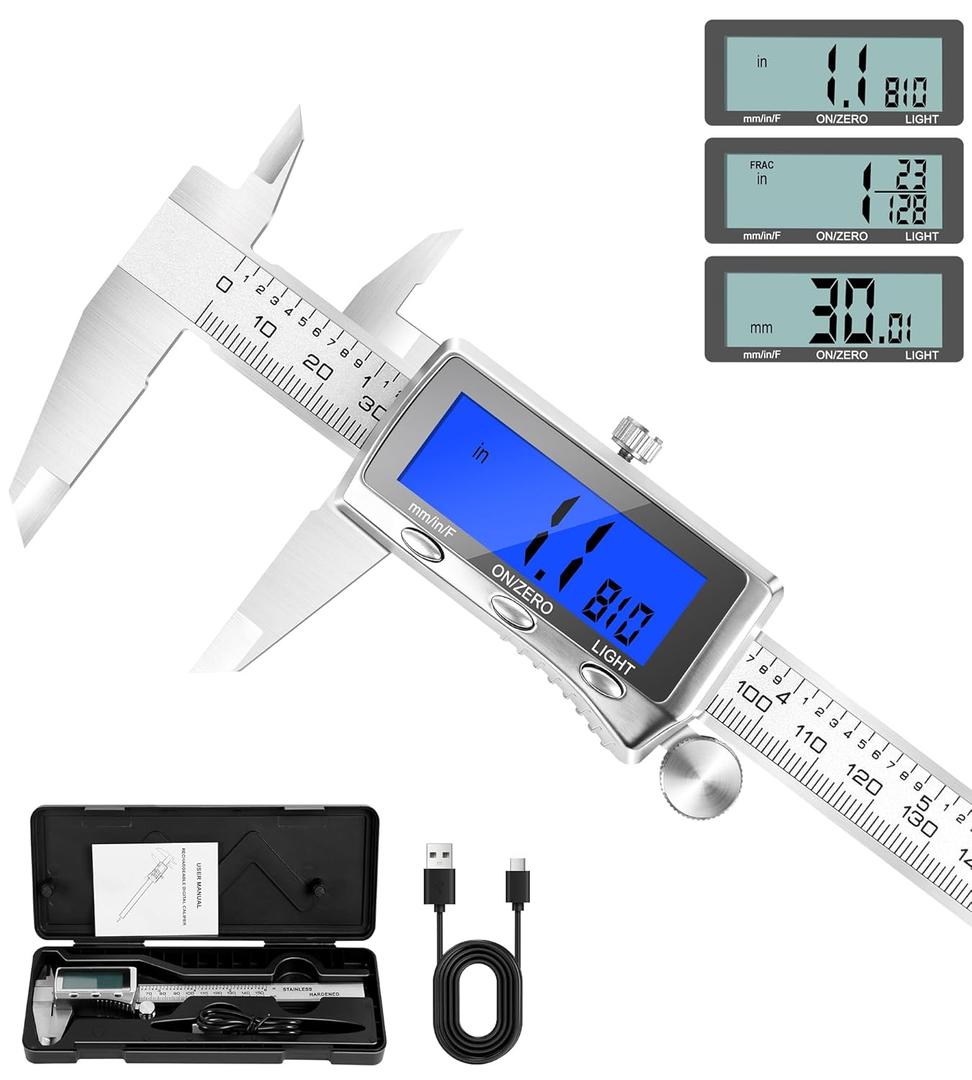 LuxBlue Digital Calipers Measuring Tool 6 Inch | Rechargeable Digital Vernier Caliper with Backlit LCD Screen, Auto-Off | Inch/MM/Fraction Easy Conversion, Stainless Steel Electronic Caliper for DIY