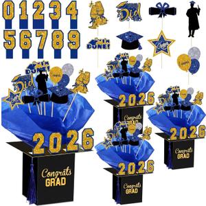 4 Sets 95 Pcs 2026 Graduation Table Decorations Congrats Grad Centerpieces Graduation Cap Shaped Box Congratulate Centerpiece Sticks Table Toppers Congrats Numbers Cutouts(Blue)