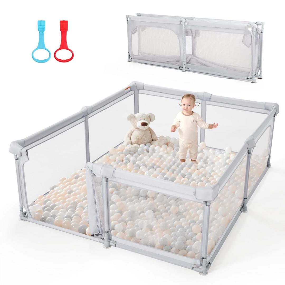Baby Playpen,59"x59" Foldable Playpen for Babies and Toddlers with Gate,Large Play Pen with Zipper Door,Baby Play Pen Play Area(Light Grey)