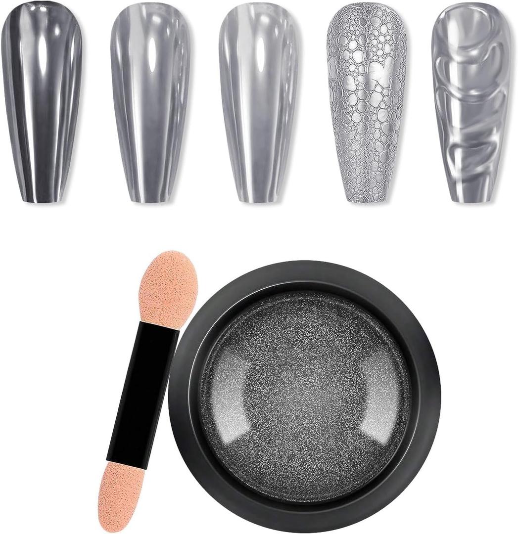 Silver Chrome Nail Powder, Metallic Mirror Nail Glitter Chrome Powder Reflective Glossy Nail Powder Pigment Manicure for Nail Art DIY Decoration (MCB-14) Pack of 5