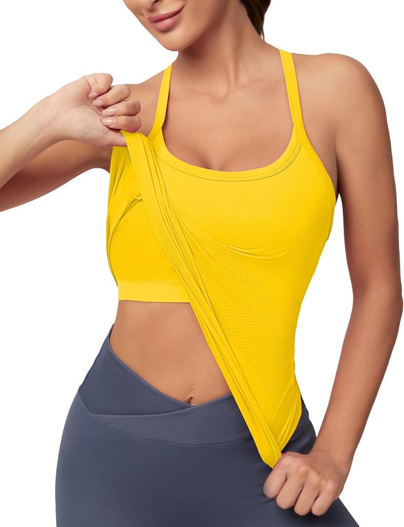 MathCat Workout Tank Tops for Women with Built in Bra, Sleeveless Gym Tops Seamless Racerback Athletic Yoga Shirts (Yellow, M)