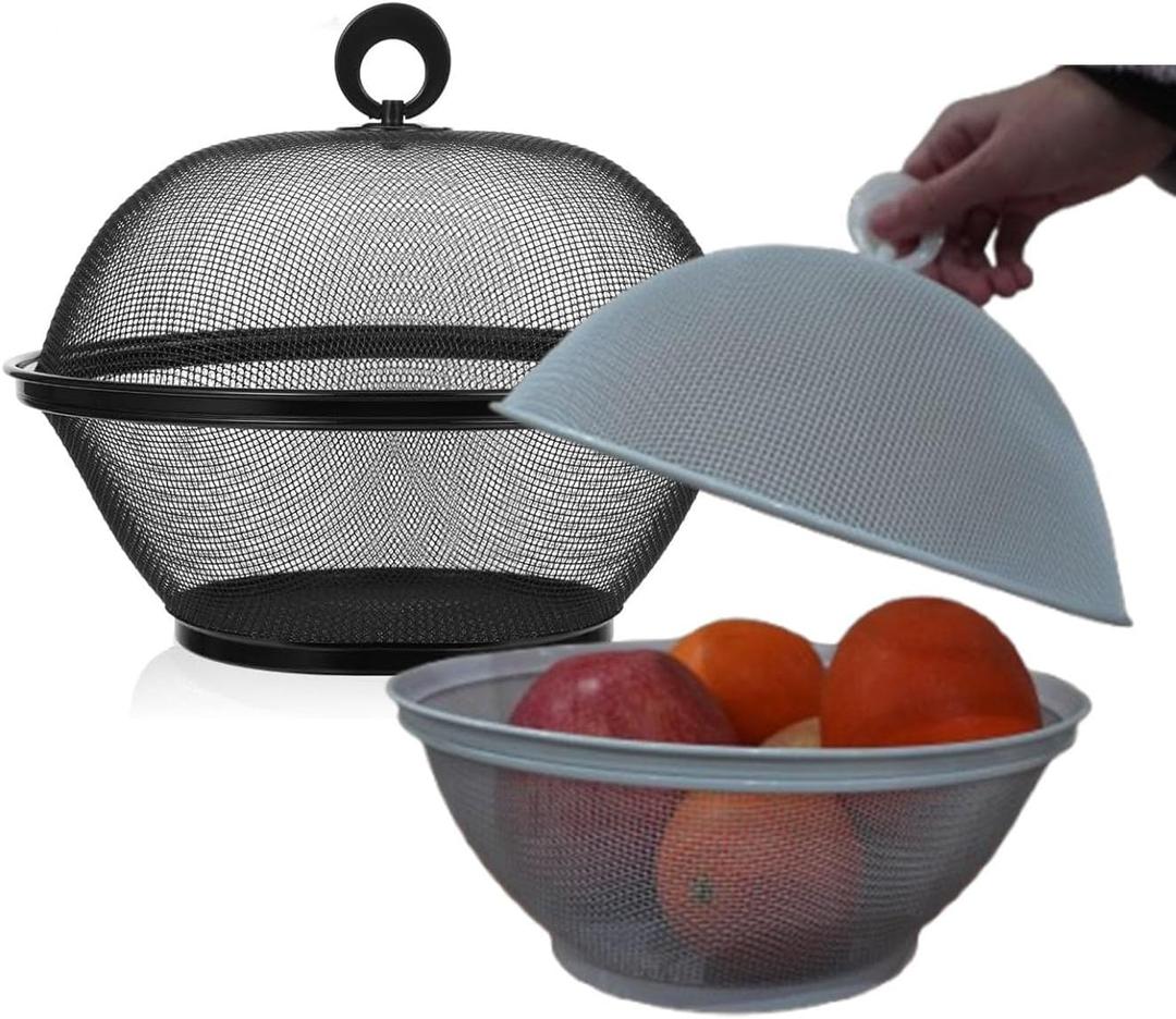 Metal Mesh Fruit Bowl with Lid (Set of 2) - Fruit Fly Proof Kitchen Counter Storage Basket for Fruits, Vegetables, Bread - Black White Green Gray Options (Black & White)