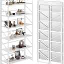 JSB No Assembly Folding Bookshelf, 6 Tier Industrial Metal Book Shelf for Storage, Vintage Wood Foldable Bookcase for Living Room, Bedroom, Office Organization Shelves (All White)